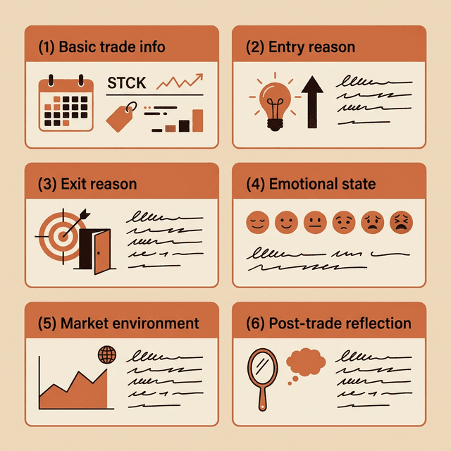 交易日記範本：6 大記錄項目——交易資訊、進場理由、出場理由、情緒狀態、市場環境、交易反思
