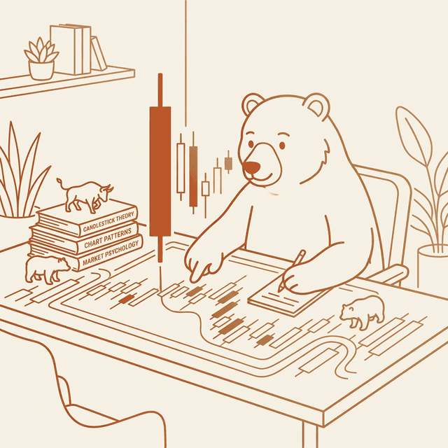 散戶交易入門——熊角色在書桌前研究K線圖